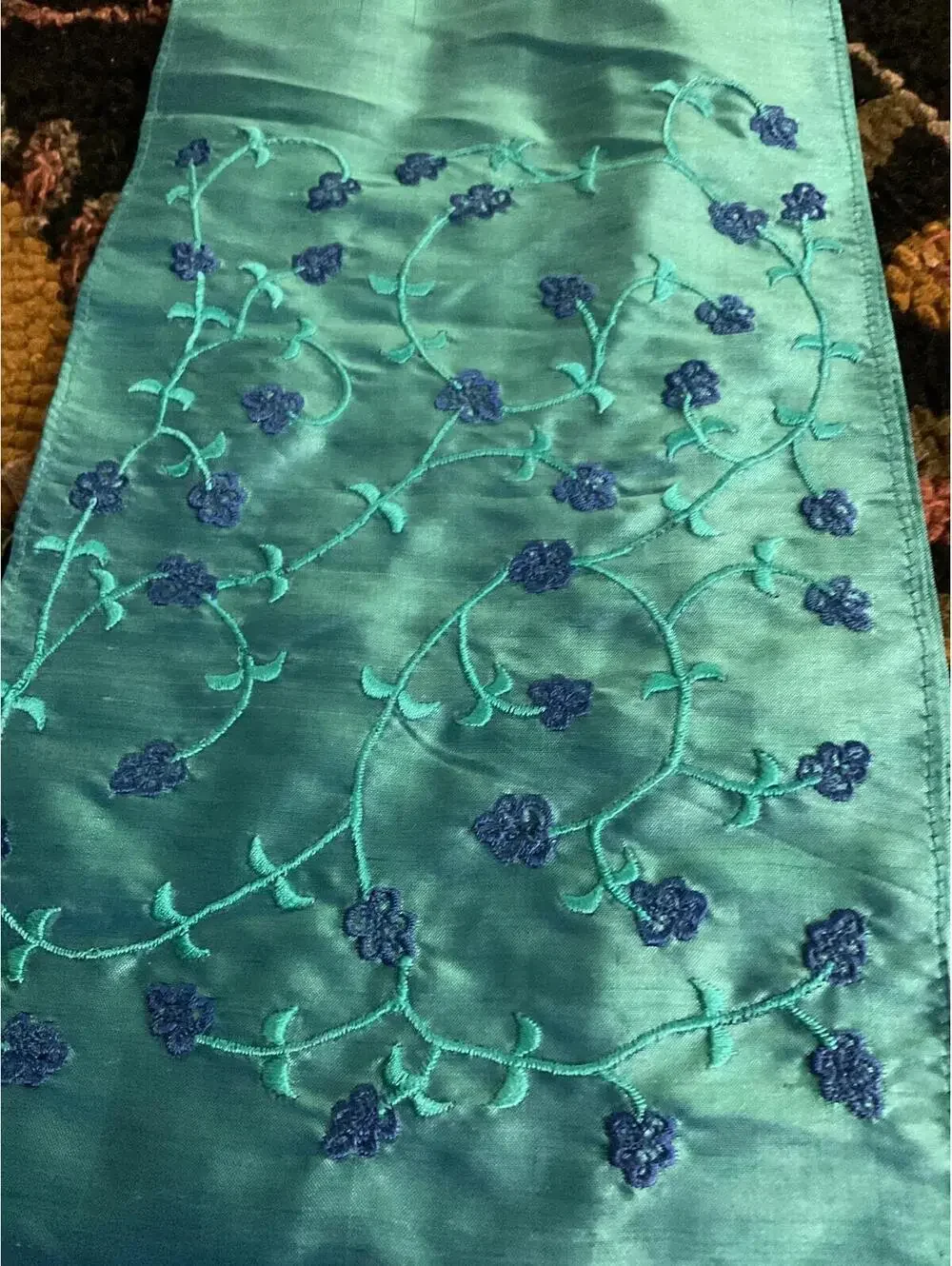 CRC Handcrafted Turquoise Embroidered Silk Scarf /Beaded Fringe
